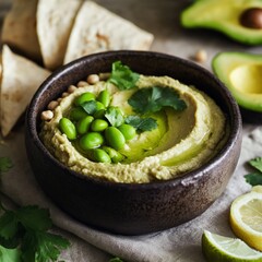 Creamy edamame hummus with cilantro in a black bowl with pita, avocado and lime