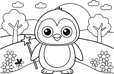 Outline Penguin Holds Wand Amidst Flower Garden and Trees with White Background