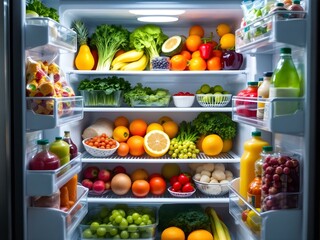 Fridge with abundant fresh fruit and vegetables, full of healthy food