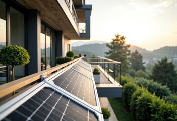 Modern home with solar panels and scenic mountain view at sunset