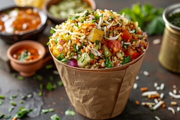 Bhel puri street side puffed rice snack with vegetables, chutneys and sev, served in