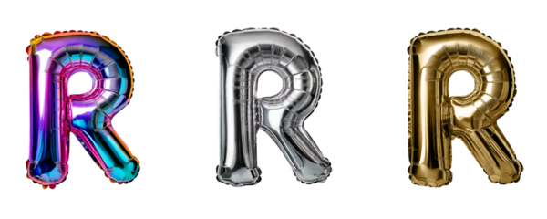 Ai Generated Set of Holographic Gold and Silver Metallic Foil Capital R Inflated Balloon Letters against Transparent Background