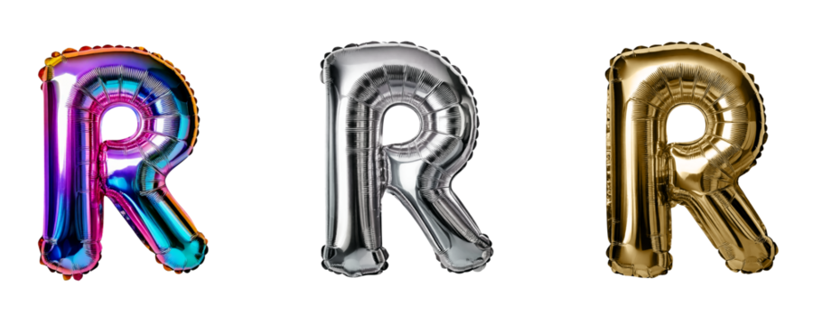 Ai Generated Set of Holographic Gold and Silver Metallic Foil Capital R Inflated Balloon Letters against Transparent Background