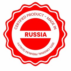 This is a pixel design illustrating the concept of country stamps for certified products made in Russia, symbolizing authenticity, quality assurance, and national branding.