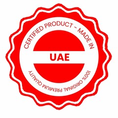 This is a pixel design illustrating the concept of country stamps for certified products made in UAE, symbolizing authenticity, quality assurance, and national branding.