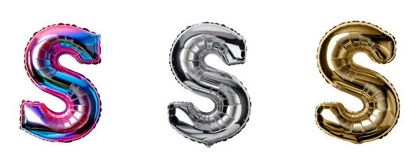 Ai Generated Set of Holographic Gold and Silver Metallic Foil Capital S Inflated Balloon Letters against Transparent Background