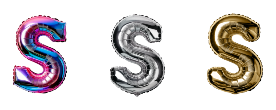 Ai Generated Set of Holographic Gold and Silver Metallic Foil Capital S Inflated Balloon Letters against Transparent Background