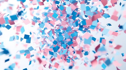Vibrant pink and blue confetti falling against a bright background