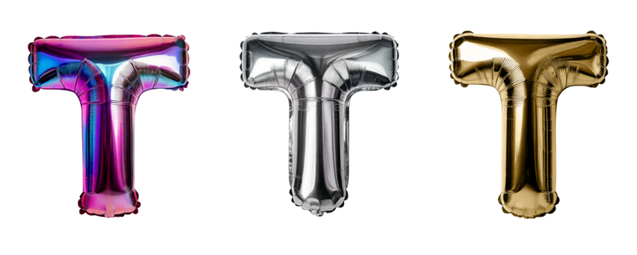Ai Generated Set of Holographic Gold and Silver Metallic Foil Capital T Inflated Balloon Letters against Transparent Background