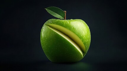 Fresh Green Apple with a Unique Slice and Leaf Isolated on Dark Background, Showcasing Freshness, Textures, and Natural Beauty for Culinary Use