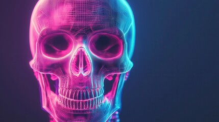 NFT digital art and animation, A colorful, holographic skull illustration with intricate line patterns, showcasing a blend of technology and art.