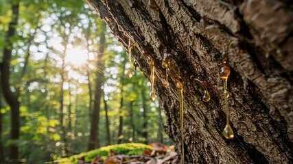 Tree Sap Dripping in a Sunny Forest Background Macro Shot - Powered by Adobe