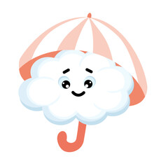 Cute happy kawai cloud.A cheerful cloud under an umbrella. Vector cartoon style comic, weather icon.