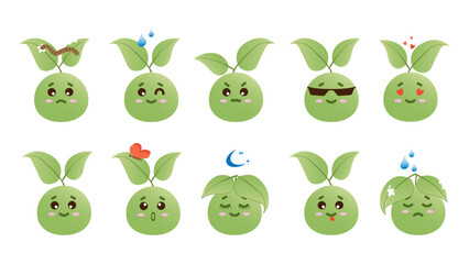Set of funny green sprouts faces with different emotions.