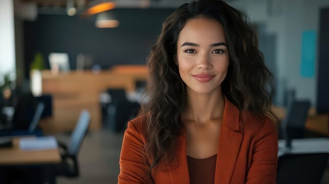 Confident Woman in Office Environment with Warm Brown Tones