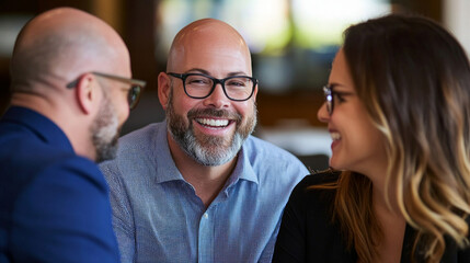 Fototapeta premium Three professionals engage in a lively discussion about financing options at a stylish cafe, sharing ideas and smiles during a morning meeting in a bright environment.