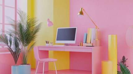 Brightly colored workspace displays a pink desk with a computer, plants, and stationery. The walls in pink and yellow create an energetic atmosphere, perfect for creativity and productivity.