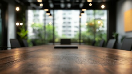 Minimalist meeting table with soft lighting, symbolizing focus and professionalism in a modern workspace.
