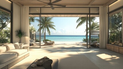 Fototapeta premium Luxurious tropical beachfront living room with ocean view and palm trees
