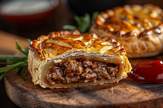 Australian meat pie handheld pastry filled with minced meat and gravy, served hot with