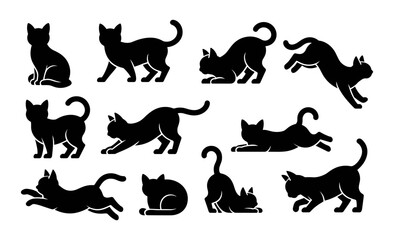 Set of black cat silhouettes in various poses. Scene is playful and whimsical, as the cats appear to be engaged in different activities such as playing, stretching. Flat vector illustration isolated 