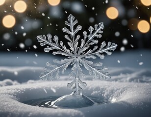 Intricate snowflake design emerges from soft snow under sparkling winter lights in a mesmerizing display of nature's artistry Generative AI