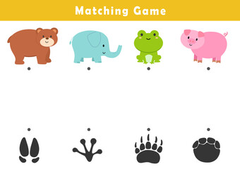 Animal tracks matching game for kids. Educational fun activity for children. Worksheet for kindergarten-aged children with cute animal footprints. 