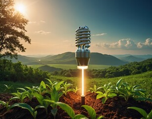 Incredible fusion of nature and technology showcases a light bulb sprouting from the earth in a lush green landscape at sunset Generative AI