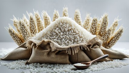 Raw white rice in burlap sacks and wooden spoon with ears of rice.