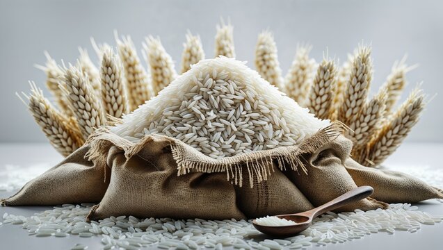 Raw white rice in burlap sacks and wooden spoon with ears of rice.