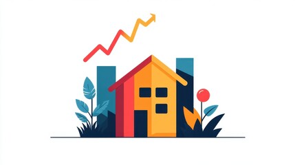 Colorful illustration of a house with upward trend graph, representing real estate growth and investment opportunities in the housing market
