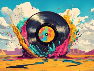 Colorful Vinyl Record Explosion in Surreal Desert
