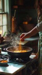Sprinkling Spices into Steaming Pan on Stove
