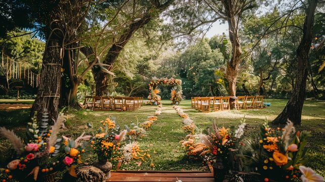 A beautiful meadow adorned with decorations, ready to host a wedding ceremony.