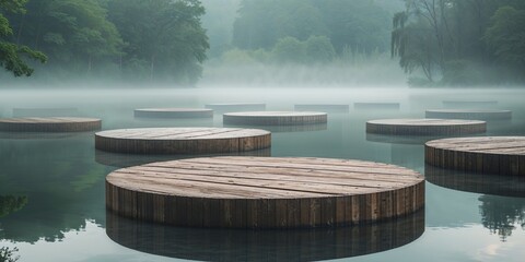 Wooden circular platforms in a calm lake
