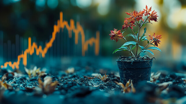 Wilting plant beside declining stock chart symbolizes financial loss recession and economic downturn.