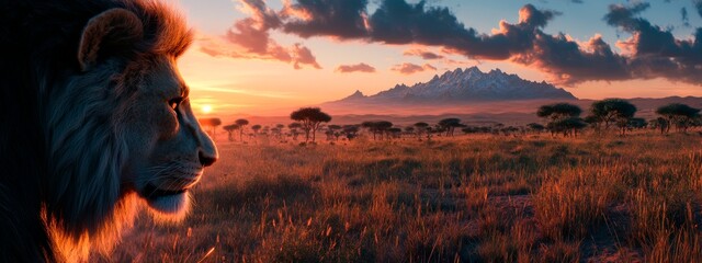 Naklejka premium Majestic Lion Watching African Savannah Sunrise 