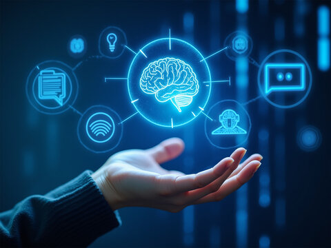Futuro de la comunicaci&oacute;n: mano con elementos de inteligencia artificial, redes neuronales artificiales 