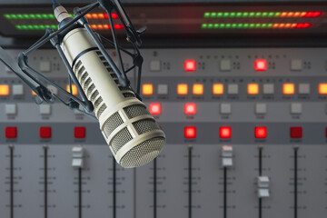 Professional microphone and sound mixer in radio station studio