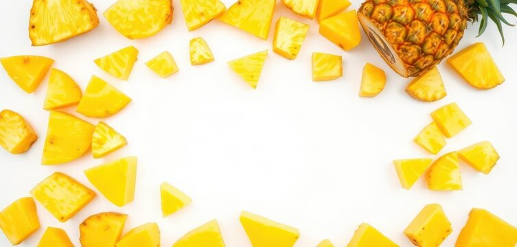 Vibrant yellow pineapple chunks arranged on white, macro, nature