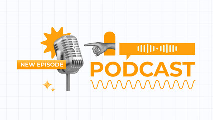 halftone collage, Podcast promotion with a vintage microphone, sound waves, and 'New Episode' text.  for SEO, podcast marketing, streaming