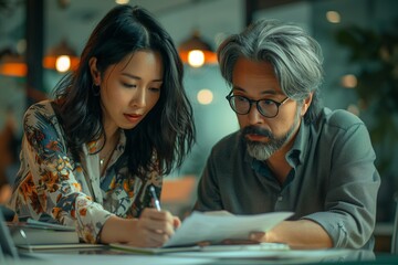 Two colleagues collaborating on a project, showcasing teamwork and focus in a modern office environment.