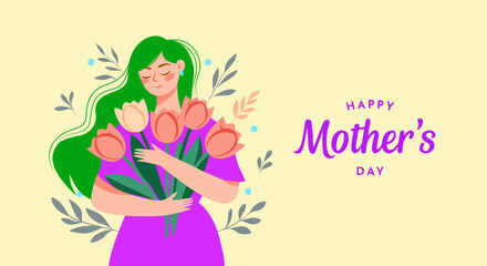 Pastel Blue Maternal Love with Woman Holding Tulips for Mother's Day Vector Design, Isolated
