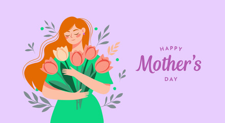 Lavender Blush Maternal Love with Woman Holding Tulips for Mother's Day Vector Design, Isolated
