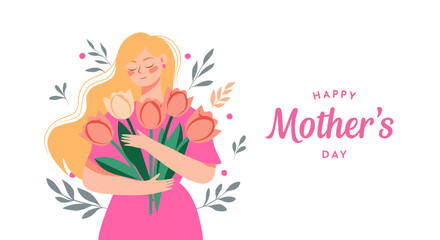 Mint Green Maternal Bond with Woman Embracing Tulips for Mother's Day Vector Design, Isolated
