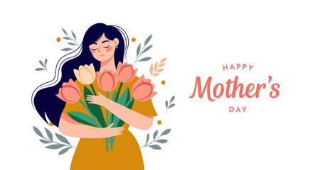 Maternal Bond in Peach Fuzz with Woman Embracing Tulips for Mother's Day Vector Design, Isolated