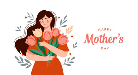 Coral Pink Mother's Day Greeting with Woman and Tulips in Pastel Vector Design, Isolated
