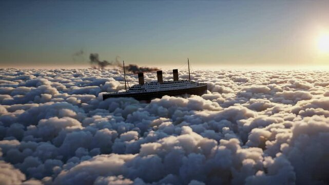 Loop infinito de un barco de vapor navega por un mar de nubes, creando una escena surrealista de un viaje eterno a trav&eacute;s del cielo.