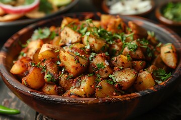 Aloo chaat spicy potatoes tossed in masala and lemon juice, served with coriander and green
