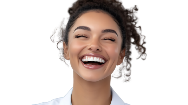 Radiant Smile: Capture the captivating portrait of a young, beautiful woman, radiating pure joy as she beams with a wide, genuine smile, her eyes sparkling with happiness and contentment.